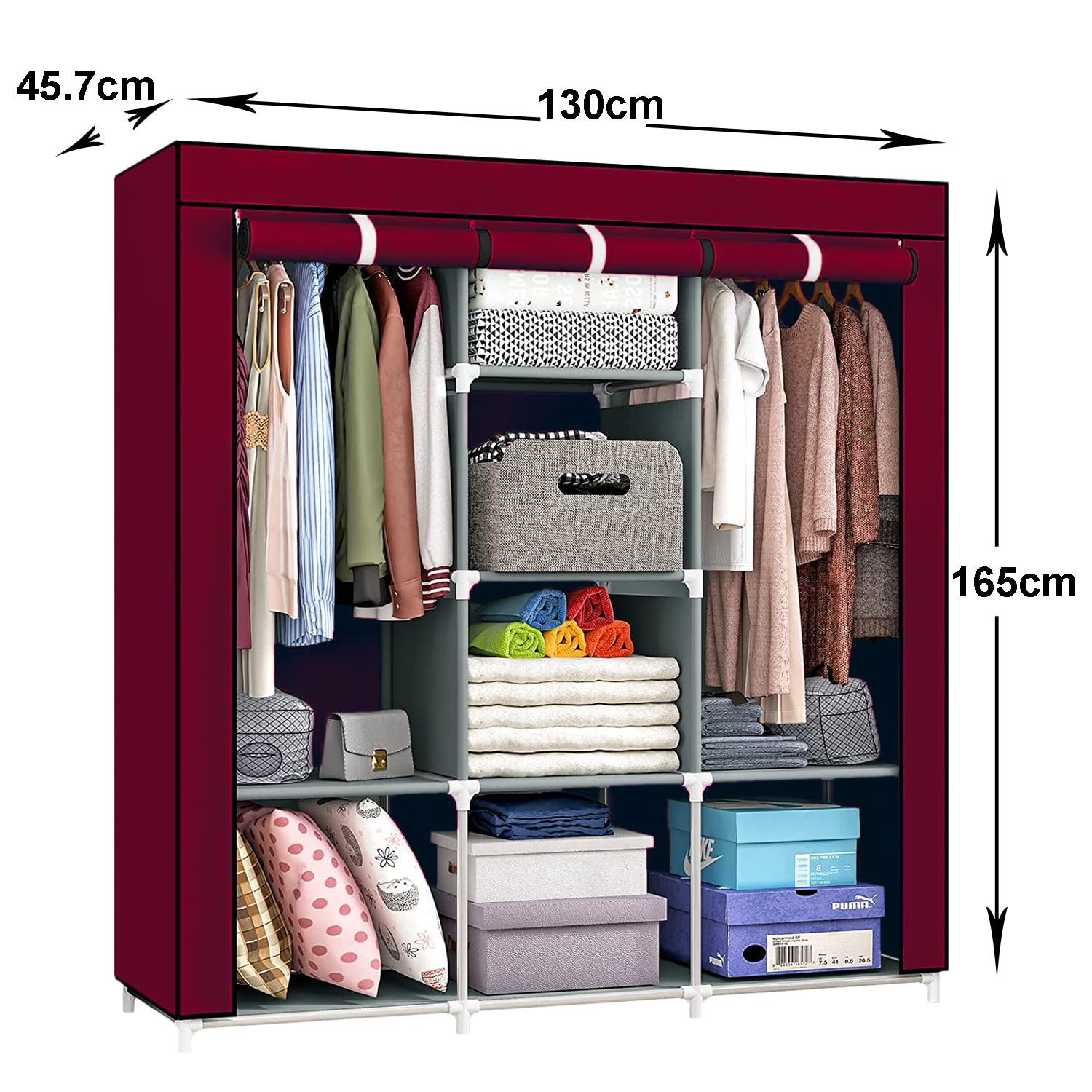 UrbanStorie Wardrobe - Foldable 3 Door Clothes Storage Wardrobe / Cabinet (Maroon Color)