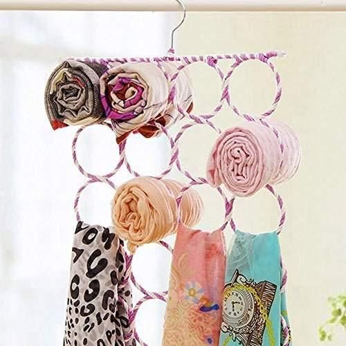 28 Slots Scarf/Dupatta Hanger Organizer Multi Purpose Rings Round Rope Foldable Hanger for Wardrobe