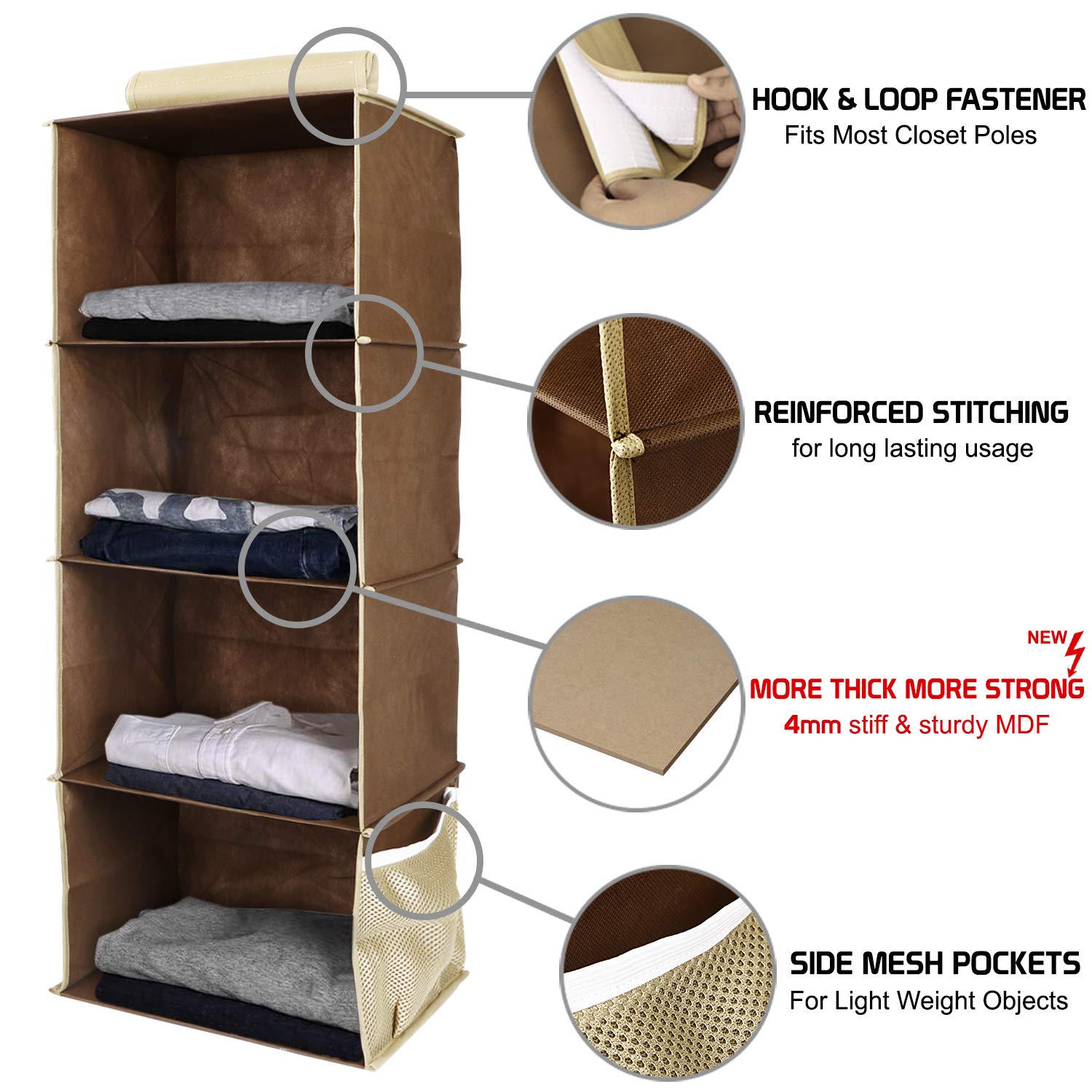 UrbanStorie® 4 Pocket Shelf Hanging Organizer for Wardrobe with Storage Drawers