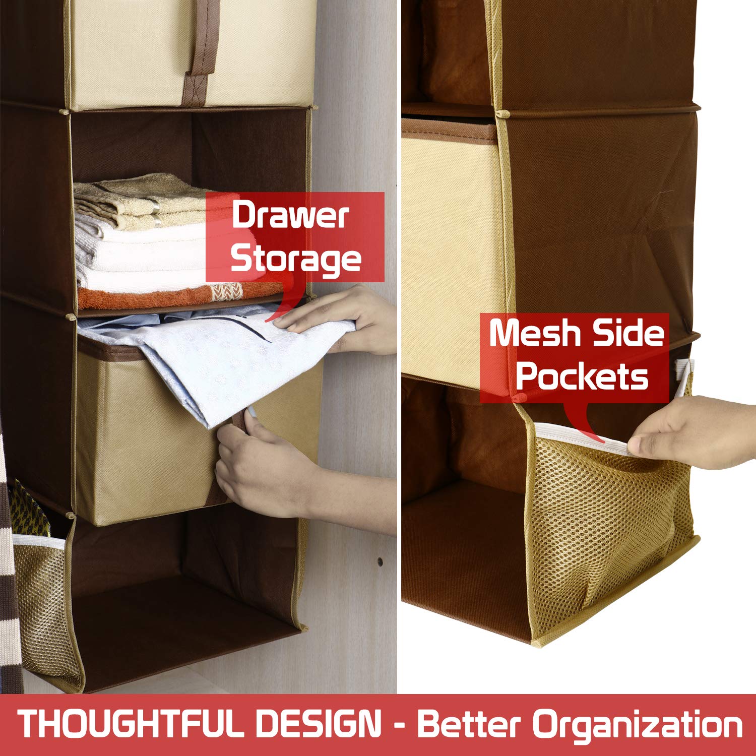 UrbanStorie® 4 Pocket Shelf Hanging Organizer for Wardrobe with Storage Drawers