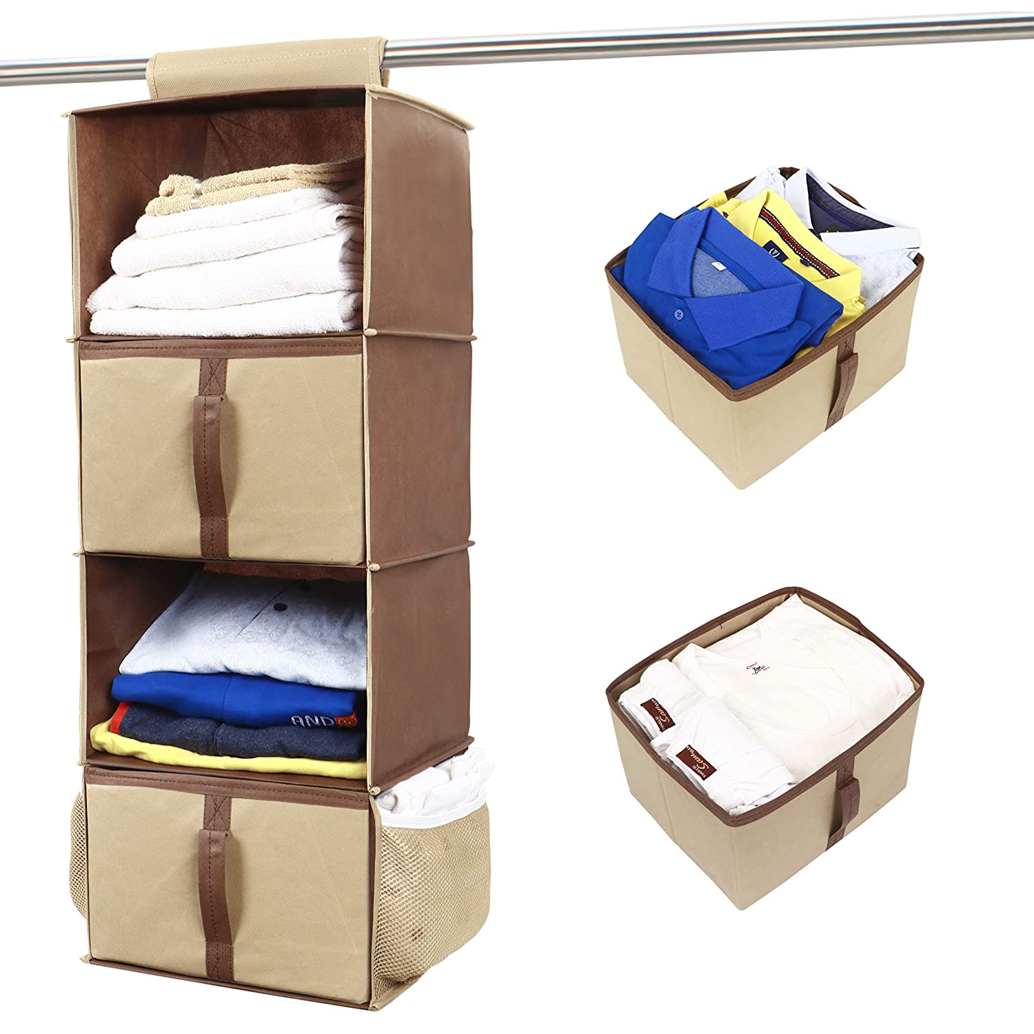 UrbanStorie® 4 Pocket Shelf Hanging Organizer for Wardrobe with Storage Drawers