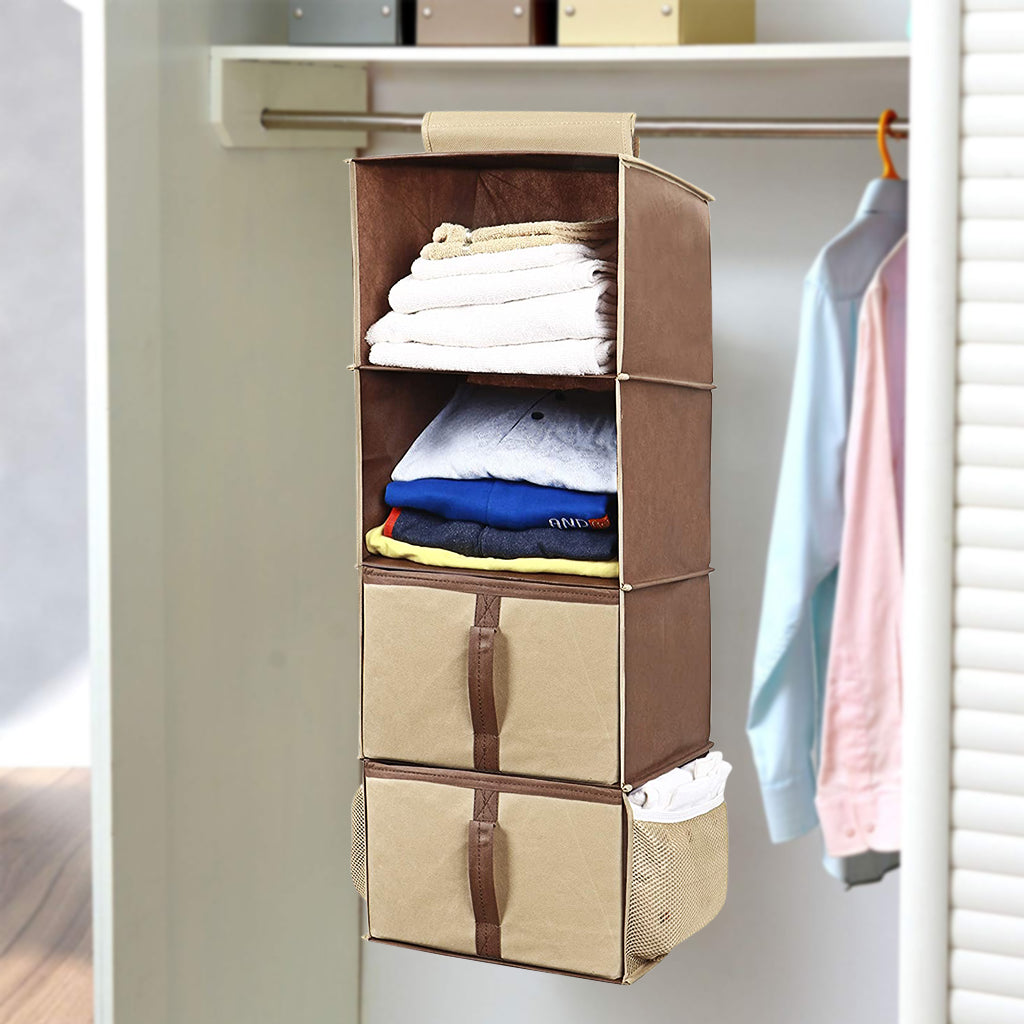 UrbanStorie® 4 Pocket Shelf Hanging Organizer for Wardrobe with Storage Drawers