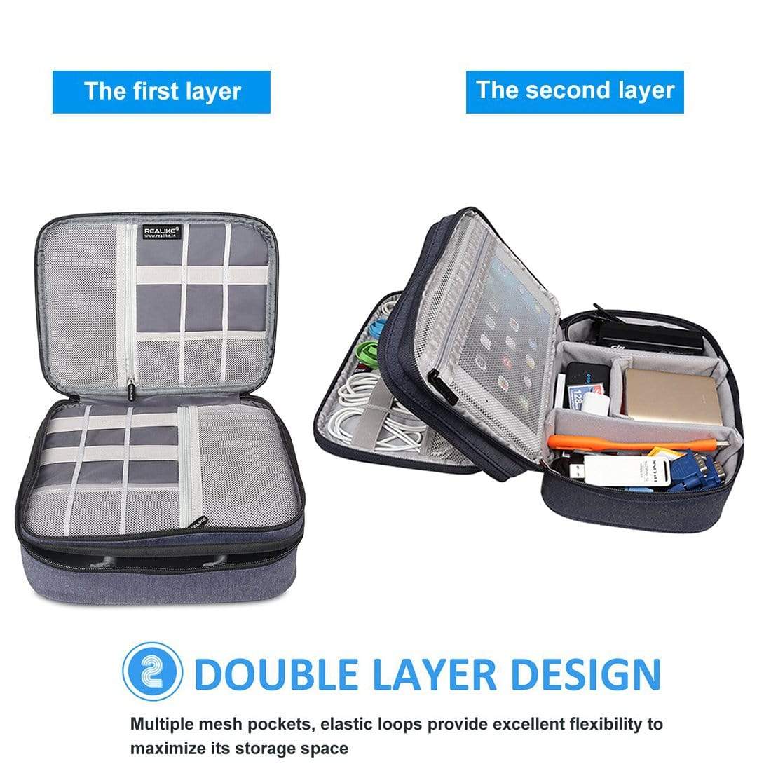 Electronic Organizer Bag, Portable Double-Layers Travel Cable Organizer  Case Electronic Accessories Storage Bag Compatible with Hard Drive, Cable